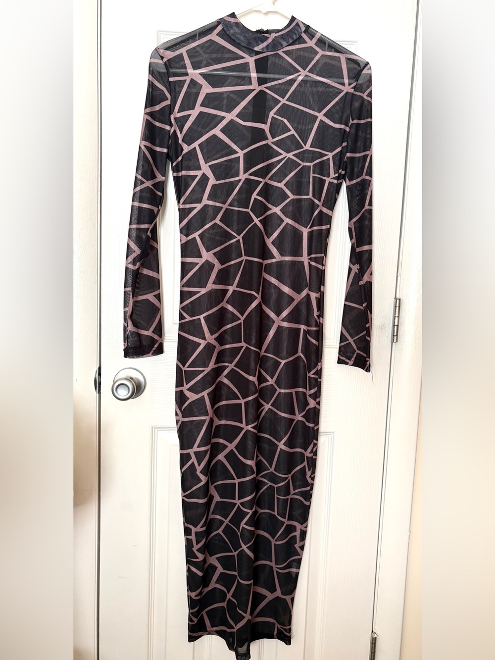 Black & Mauve Geometric Long Sleeve Bodycon See-Through Dress EUC Size M/L
